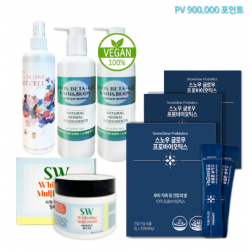 시원베타글루 6개 + 스노우글로우프로바이오틱스 12개 + 시원화이트닝 멀티크림 3개 + 올인원미스트 3개